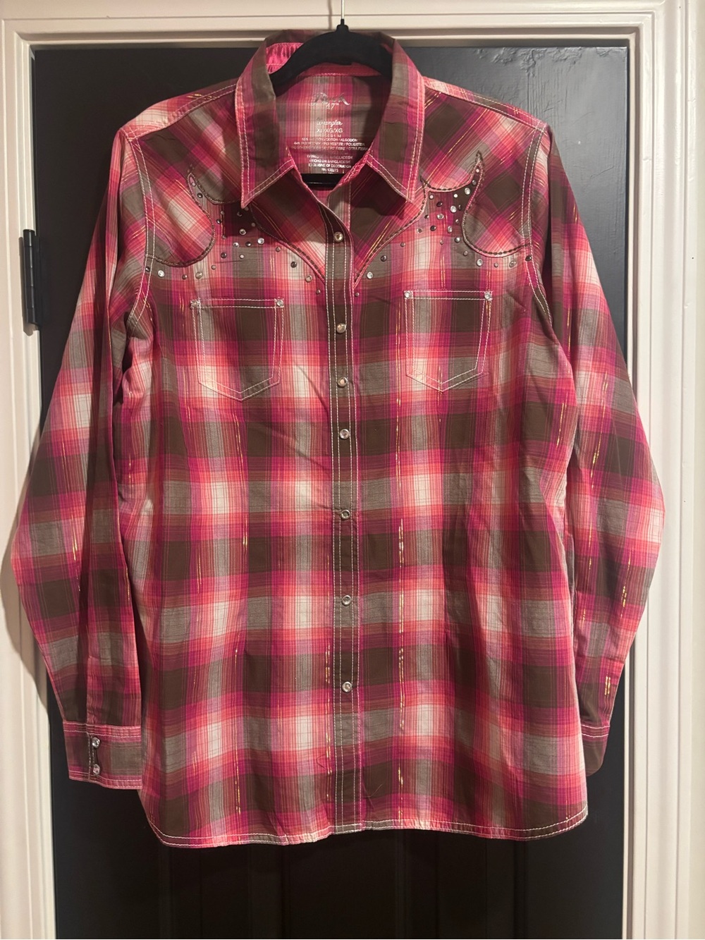 Women's Pink and Brown Plaid Western-Style Button-Down Shirt